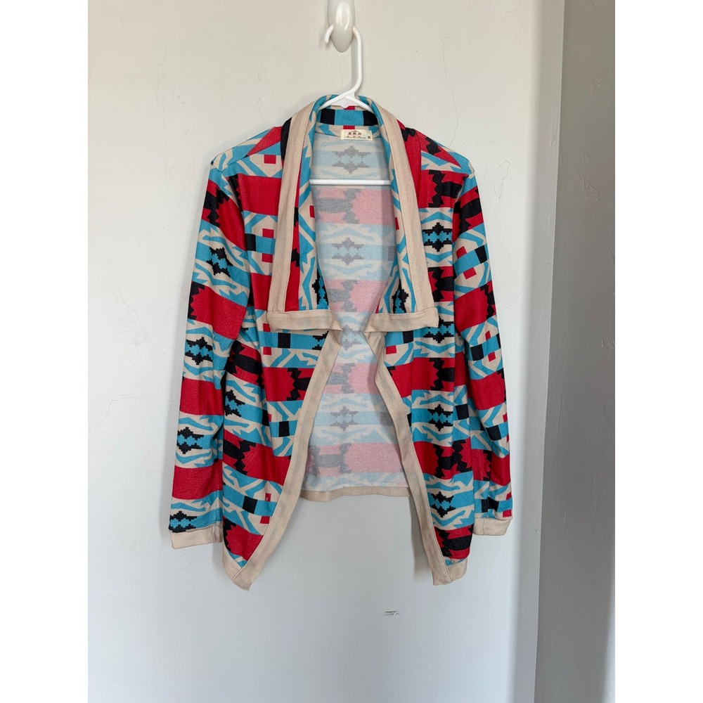 Man Xi Shang Southwestern Tribal Print Open Front Cardigan Red Turquoise Medium